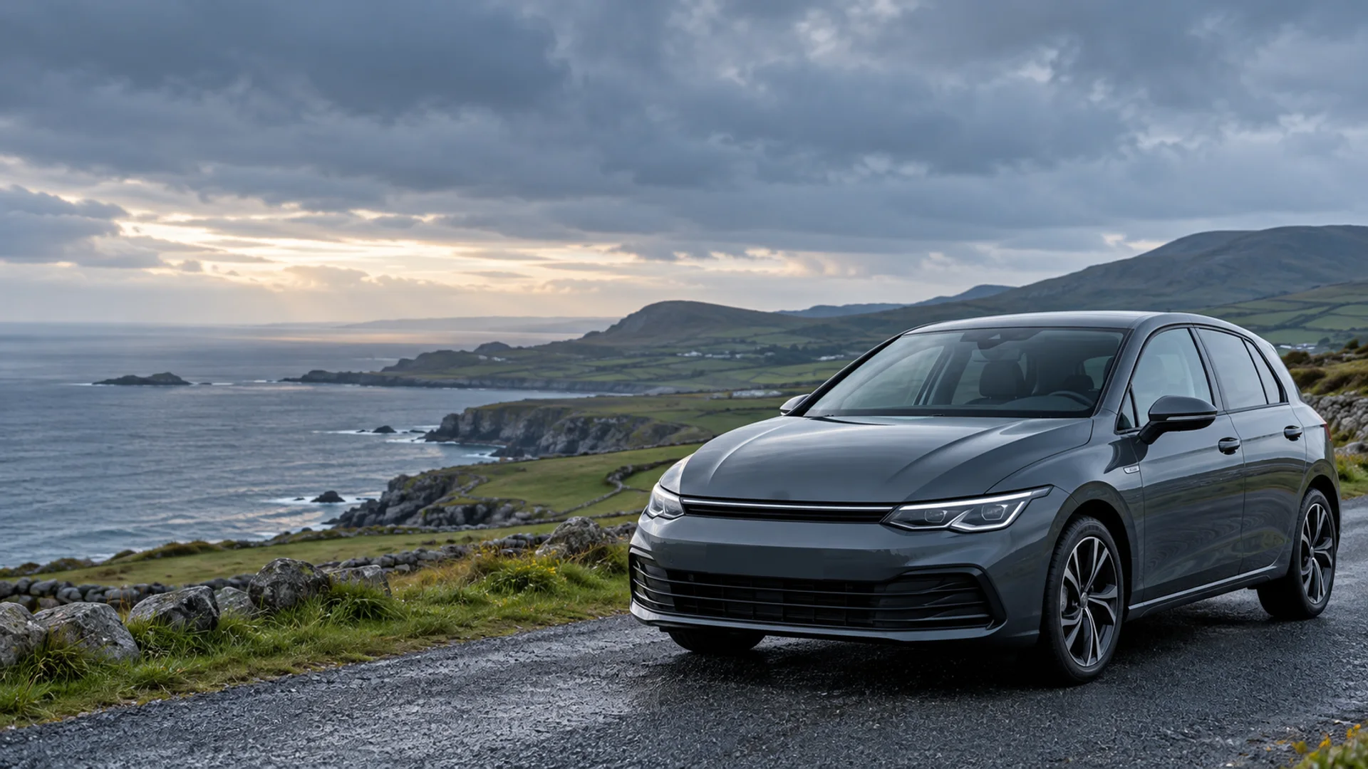 Graphite hatchback beside a quiet Irish coastal road
